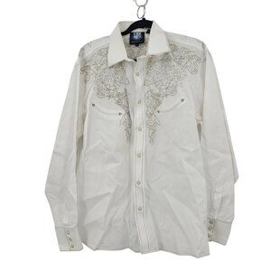 Resistol University Fit White Western Embroidered‎ Pearl Snap Shirt Sz L Rodeo